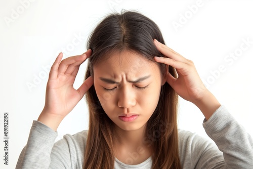 A young woman appears to be experiencing headache or stress, holding her head in discomfort or frustration, indoors.