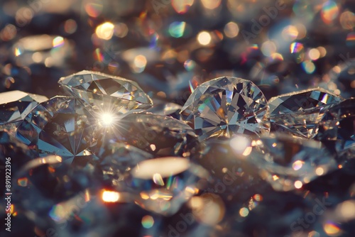 A dazzling, close-up view of a pile of diamonds reflecting brilliant light with intricate facets and clarity. photo