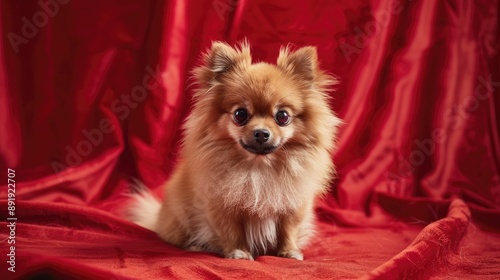Adorable Pomeranian pup posing on stylish red backdrop © Emin