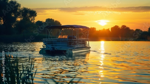 A pontoon boat sailing on a lake with a stunning sunset, capturing the idyllic and peaceful nature of a quiet evening on the water, ideal for relaxation and reflection. photo