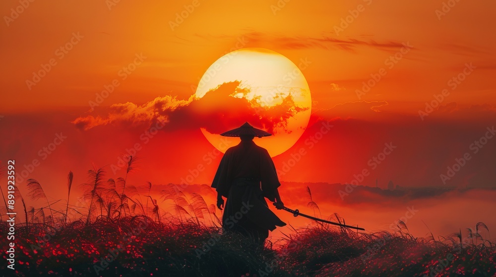 The image shows a solitary samurai holding a sword, backlit by a dramatic setting sun, encapsulating themes of resilience, reflection, and the passage of time. The image shows a solitary samurai holding a sword, backlit by a dramatic setting sun, encapsulating themes of resilience, reflection, and the passage of time.
