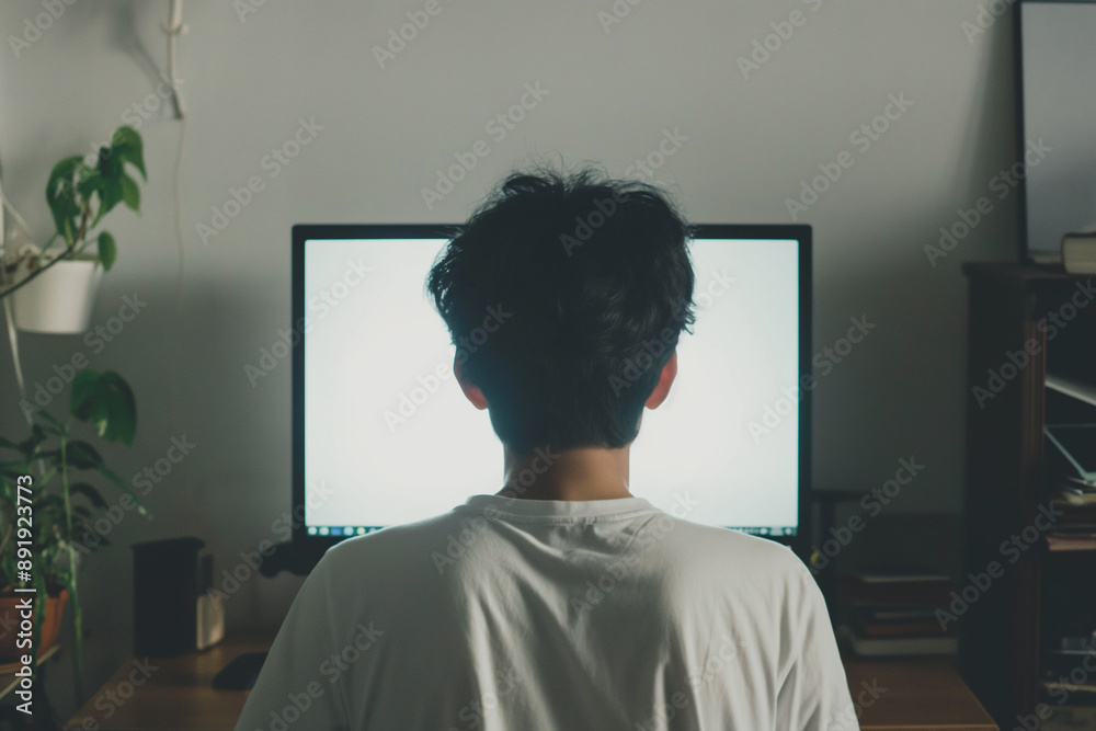 Rear View of Person Working Late on Computer Screen in Dimly Lit Room, Focused, Productivity, Nighttime Work, Home Office, Tech Savvy, Freelance, Digital Workspace, Concentration, Dedication. Rear View of Person Working Late on Computer Screen in Dimly Lit Room, Focused, Productivity, Nighttime Work, Home Office, Tech Savvy, Freelance, Digital Workspace, Concentration, Dedication.