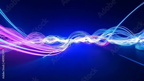 Glowing fiber optic cables twist and curve, emitting vibrant blue and pink light against a dark background. Dynamic trails blur, suggesting rapid movement and energy flow.	