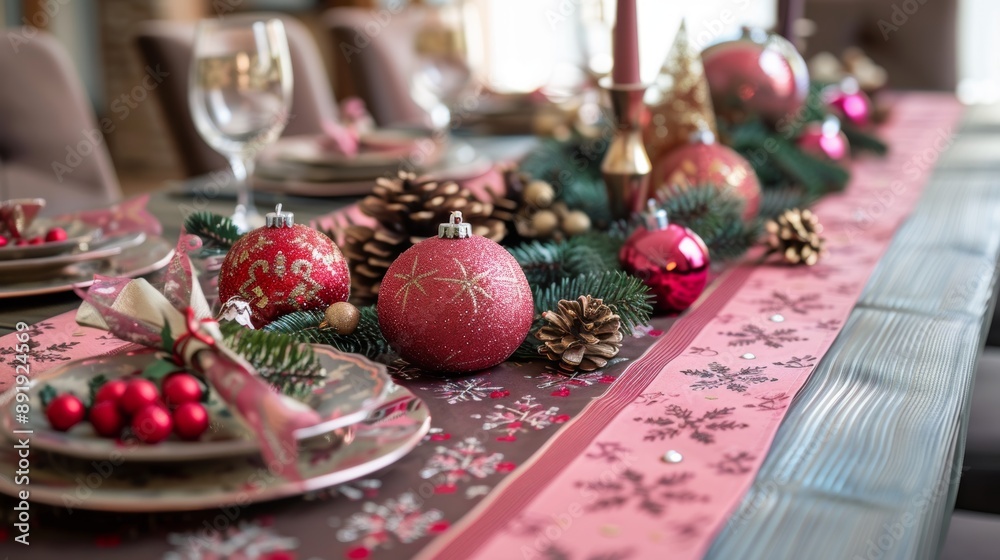 Fototapeta premium holiday table runner, elevate your christmas table decor with a festive pink and brown runner featuring holiday motifs, adding a charming touch to your celebrations
