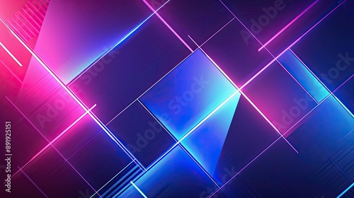 Geometric shapes illuminated with neon colors on a dark abstract light background, suitable for tech and futuristic themes