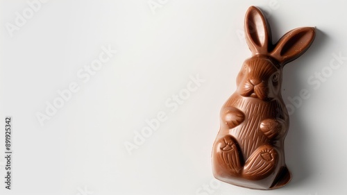 Chocolate bunny with long ears lying against white background photo