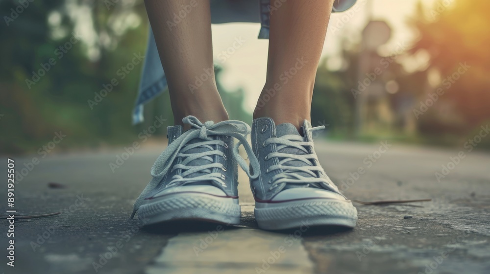 womens feet tying her sneakers womens feet tying her sneakers