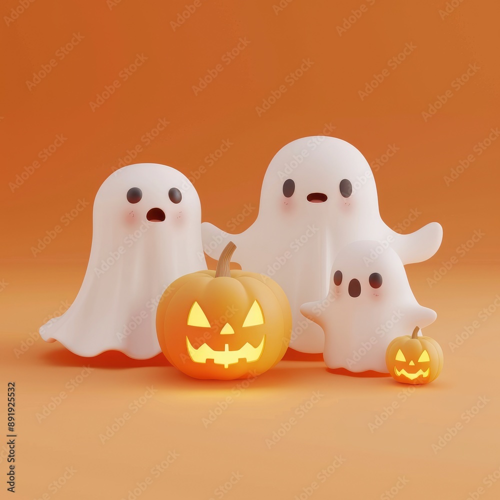 Cute Halloween theme, There are ghost, pumpkin, Cartoon, Simplicity, It has high saturation colors and orange background. It features a clean composition, simple design, 3D rendering - generative ai Cute Halloween theme, There are ghost, pumpkin, Cartoon, Simplicity, It has high saturation colors and orange background. It features a clean composition, simple design, 3D rendering - generative ai