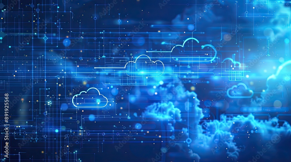 A digital abstract background with cloud computing symbols and technological blueprints for business applications