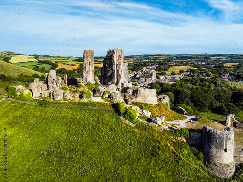 Ruins of Corfe Castle from a drone, Corfe Village, Purbeck Hills, Dorset, England, Europe photo