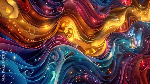 A dynamic 3D background with cascading bright color waves and intricate patterns