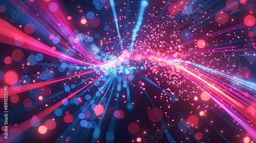 A dynamic 3D background with neon light trails and glowing particles in motion