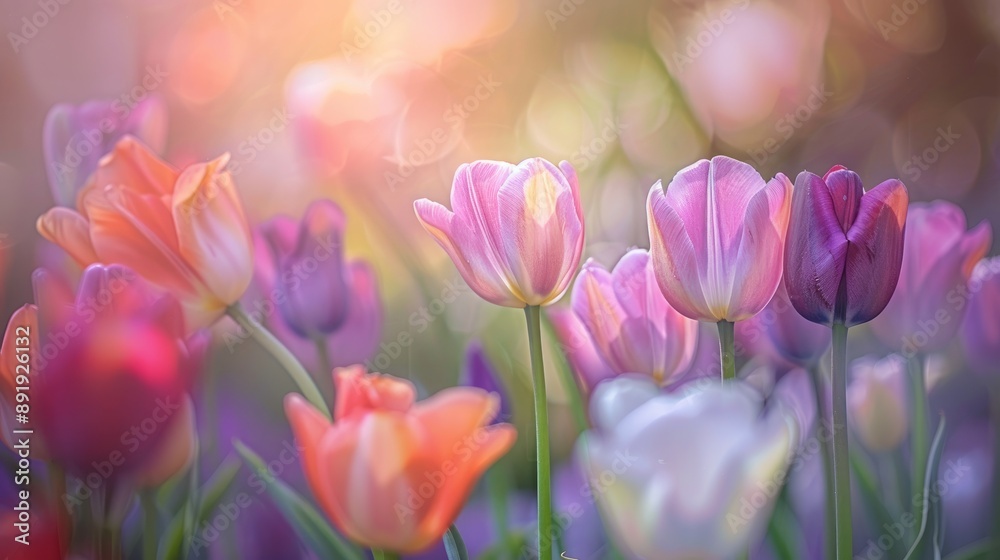Fototapeta premium Colorful tulips in spring garden with soft focus