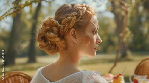 A young woman is shown from the side, seated outdoors in a serene, sunlit park. Her hair is intricately styled in a braided updo. She wears a white, lace garment, adding to the romantic and ethereal f photo