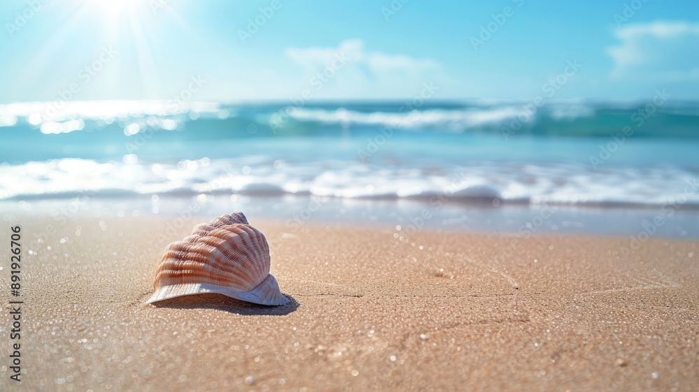 Seashell on sandy beach with ocean waves and sun rays in background Seashell on sandy beach with ocean waves and sun rays in background