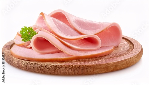 Deli ham slices on white background photo