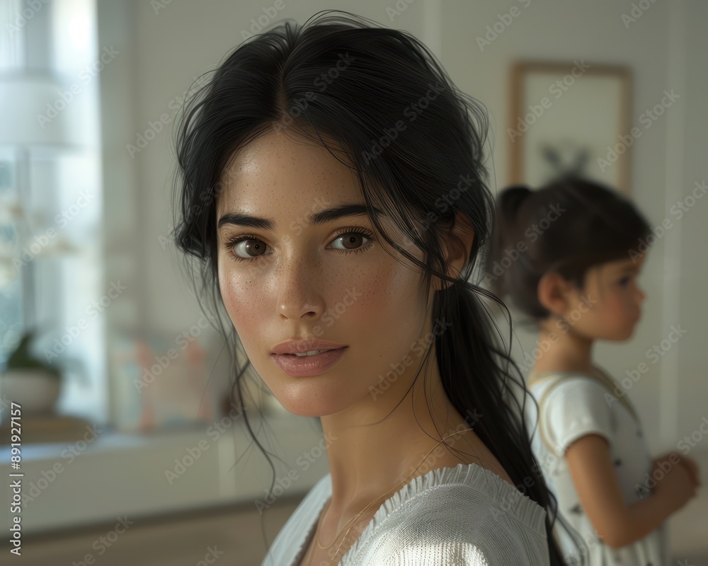 A Mother's Love Woman Watching Her Toddler with Attentive Eyes, Capturing the Unbreakable Bond Between Parent and Child This heartwarming photo showcases the deep connection and unwavering care that