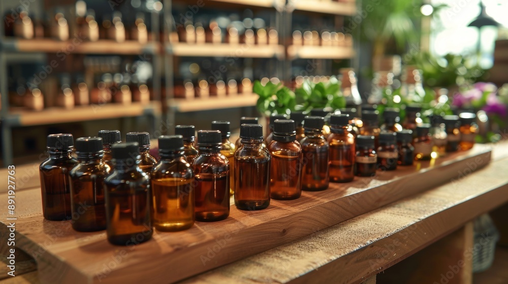 aromatherapy research, organized bottles of aromatic oils on a wooden table in a lab, ideal for fragrances, with space for text aromatherapy research, organized bottles of aromatic oils on a wooden table in a lab, ideal for fragrances, with space for text
