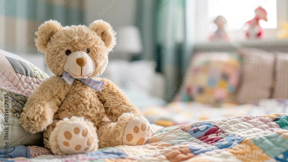 Plush bear with bow tie on colorful quilted bed in cozy room Plush bear with bow tie on colorful quilted bed in cozy room