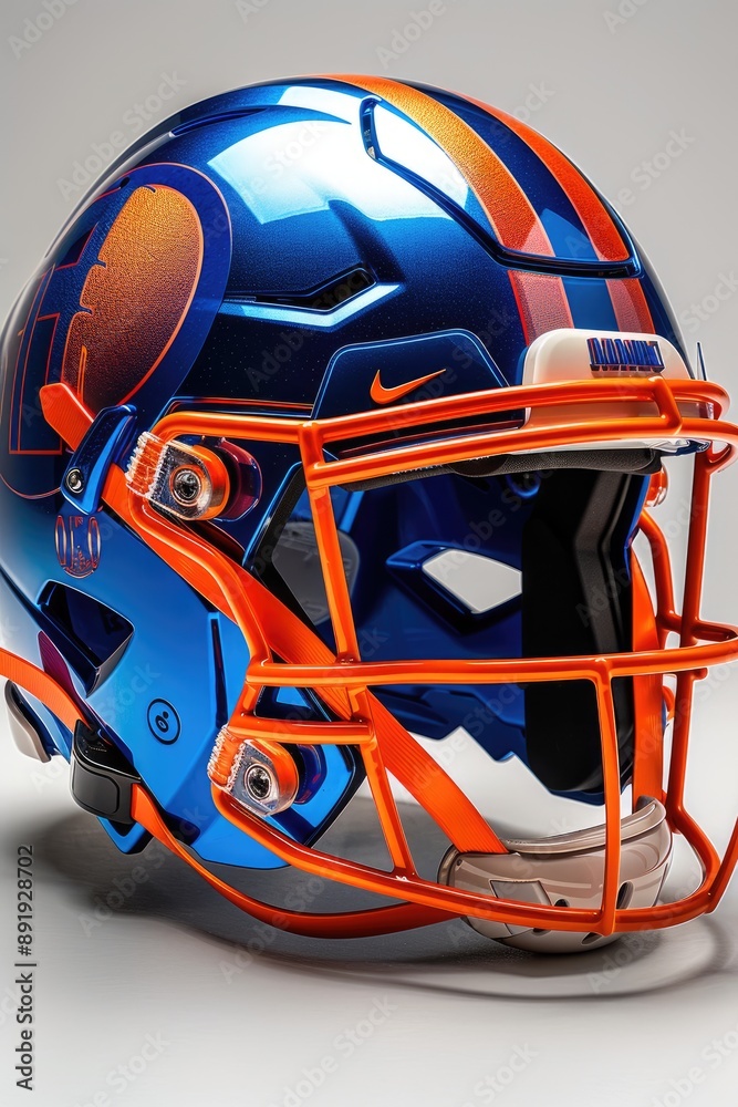 Naklejka premium A vibrant photograph of a football helmet with team logos and colors, bold and dynamic, side view.