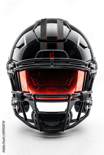 A high-resolution photograph of a modern football helmet with a visor, detailed and sleek, front-facing view.