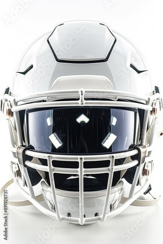 A high-resolution photograph of a modern football helmet with a visor, detailed and sleek, front-facing view.