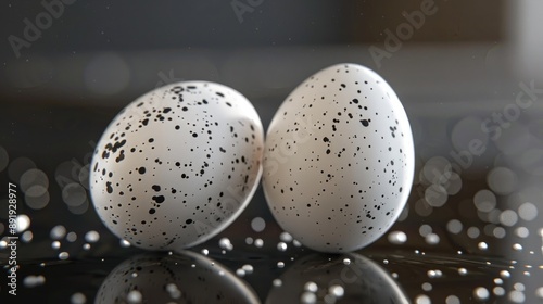 Two eggs with spots on a shiny dark surface photo