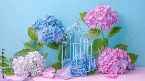 Hydrangea flowers and cage on pink blue background for interior decoration
