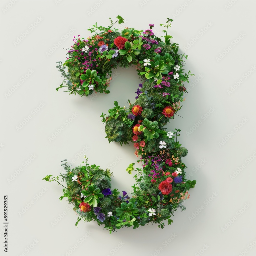 Elegant shot of text number ‘3’ crafted in flowers on a clean. A beautiful flower arrangement forming the number '3'. Elegant shot of text number ‘3’ crafted in flowers on a clean. A beautiful flower arrangement forming the number '3'.