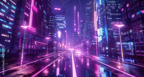 Neon street in cyberpunk city at night, modern buildings in purple lights