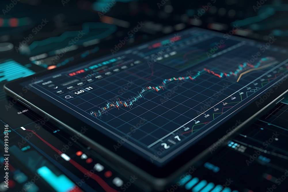 Trading chart and financial graph on tablet screen, dark background, futuristic business analytics, 3D illustration, Trading chart and financial graph on tablet screen, dark background, futuristic business analytics, 3D illustration,