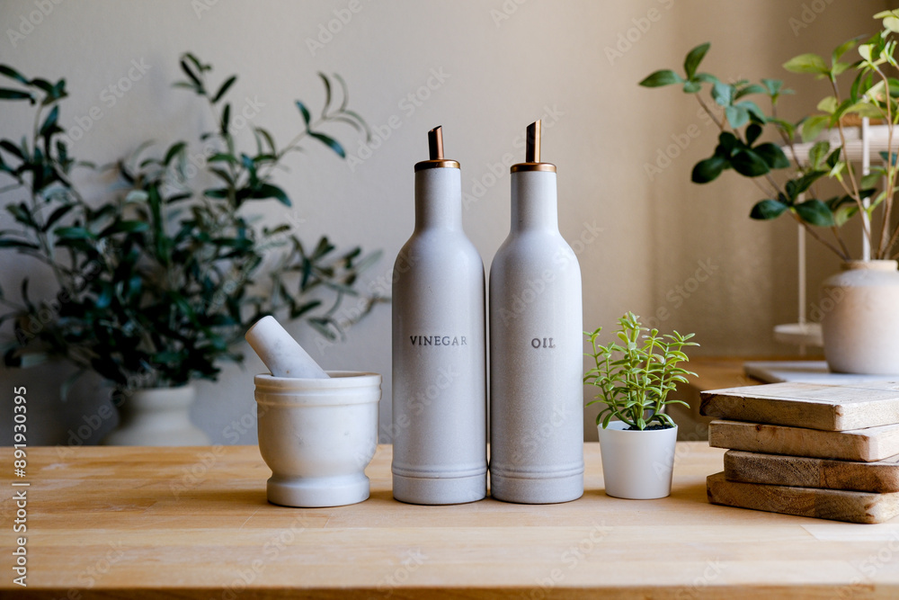 Kitchen organize and design with decorative ceramic and utensil for cooking background.