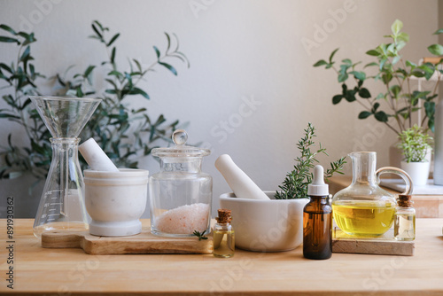 Wallpaper Mural Natural organic herb medicine, skin care beauty products, vitamin, essential oil, and supplement making. Torontodigital.ca