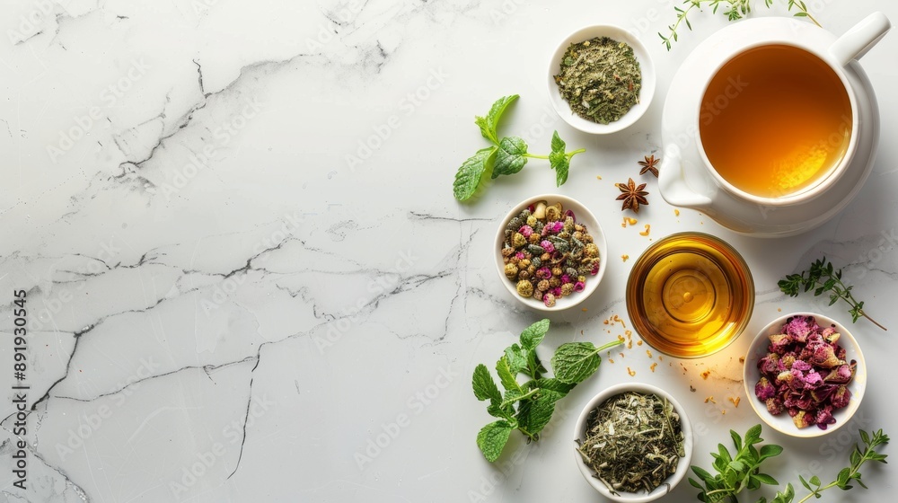 a teapot and various herbs for brewing herbal tea on a marble countertop, ready for your custom message, perfect for an herbal tea concept banner design a teapot and various herbs for brewing herbal tea on a marble countertop, ready for your custom message, perfect for an herbal tea concept banner design