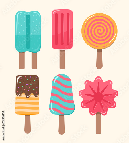 Set of Colorful Ice Creams and Popsicle for Sweet and Dessert Concept Illustration Clip Art