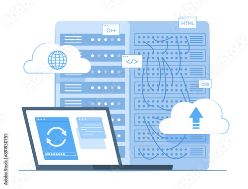 Laptop Computer Syncing Data with Cloud Computing Server for Wireless Network Connection Technology Concept Illustration