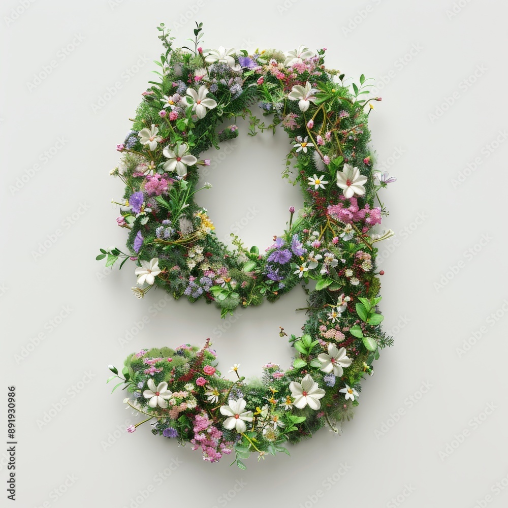 Elegant shot of text number ‘9’ crafted in flowers on a clean. A beautiful flower arrangement forming the number '9'. Elegant shot of text number ‘9’ crafted in flowers on a clean. A beautiful flower arrangement forming the number '9'.