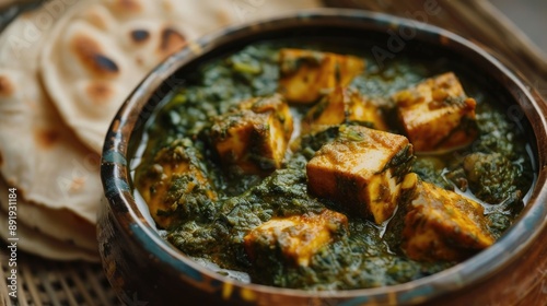 Indian saag paneer with chapattis vegetarian dish photo