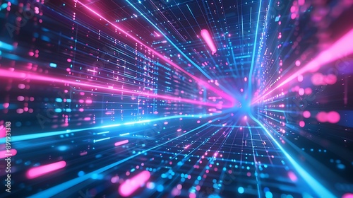 Neon cyber grid in digital space, blue and pink lights creating an abstract futuristic 3D background.