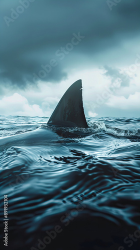 lone shark fin cutting through the ocean's surface, set against a backdrop of turbulent waters and cloudy skies. The scene evokes a sense of mystery and suspense, emphasizing the raw power