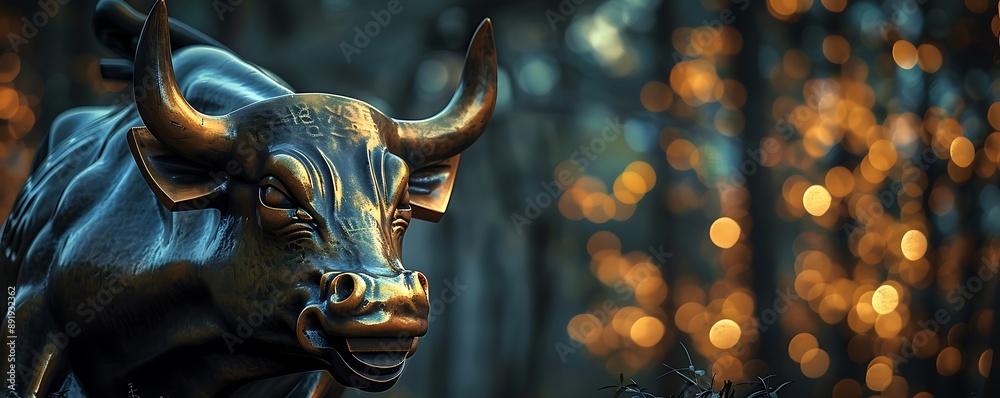 Bronze bull statue, soft lighting highlights, stock market chart blur, dark forest with bokeh lights, impressionist style,