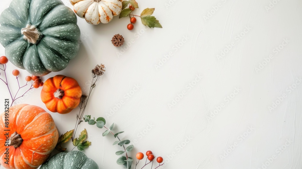 Fototapeta premium Fall themed decor with pumpkins on white background and space for text