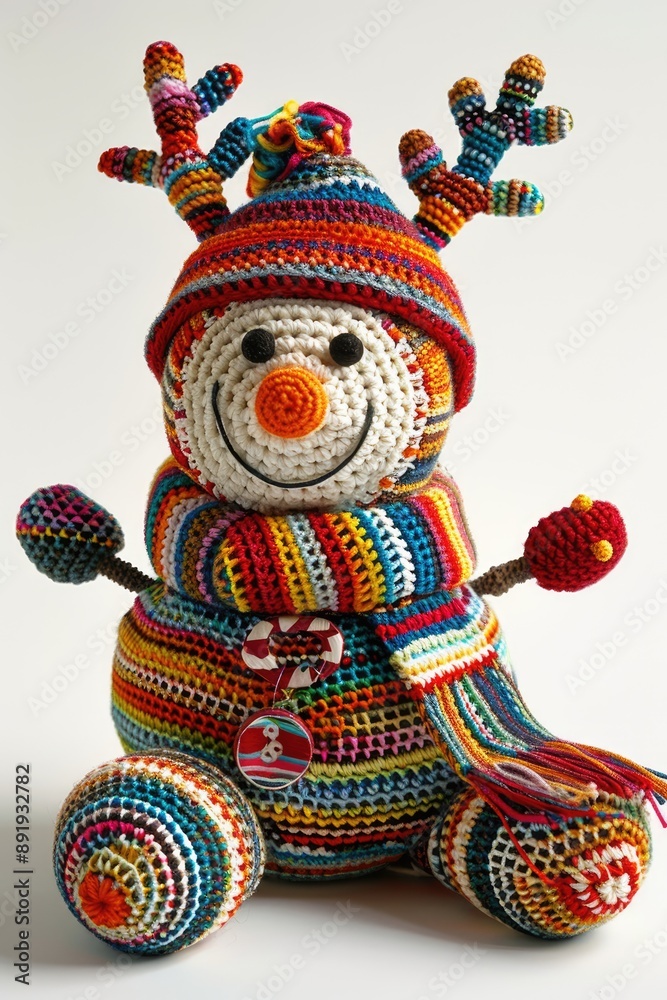 A vibrant photograph of a 3D crochet reindeer snowman wearing a colorful scarf and hat, festive and whimsical, side view. A vibrant photograph of a 3D crochet reindeer snowman wearing a colorful scarf and hat, festive and whimsical, side view.