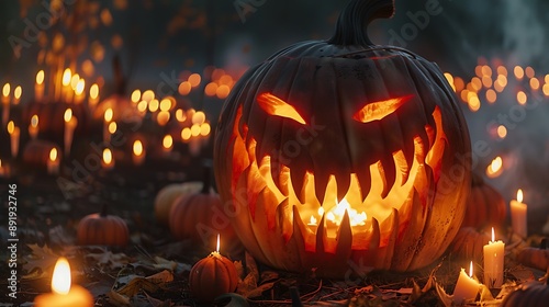 Spooky Halloween scene featuring a giant jack-o'-lantern with a terrifying grin and sharp teeth surrounded by lit candles in a dark pumpkin patch creating a chilling and haunted ambiance