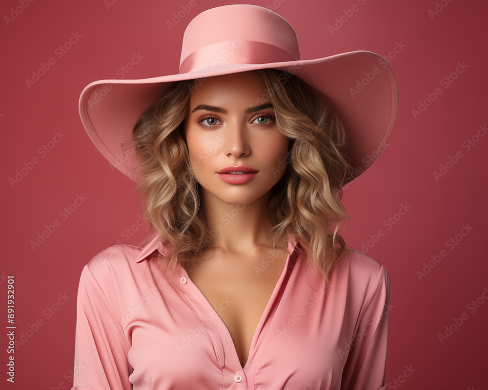 Picture of a beautiful girl wearing a pink fancy hat on a pink background.
Picture of a beautiful girl wearing a pink fancy hat on a pink background.