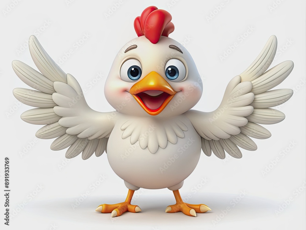 Adorable smiling white chicken cartoon character standing on its legs with wings outstretched, wearing a happy expression, isolated on a clean white background. Adorable smiling white chicken cartoon character standing on its legs with wings outstretched, wearing a happy expression, isolated on a clean white background.