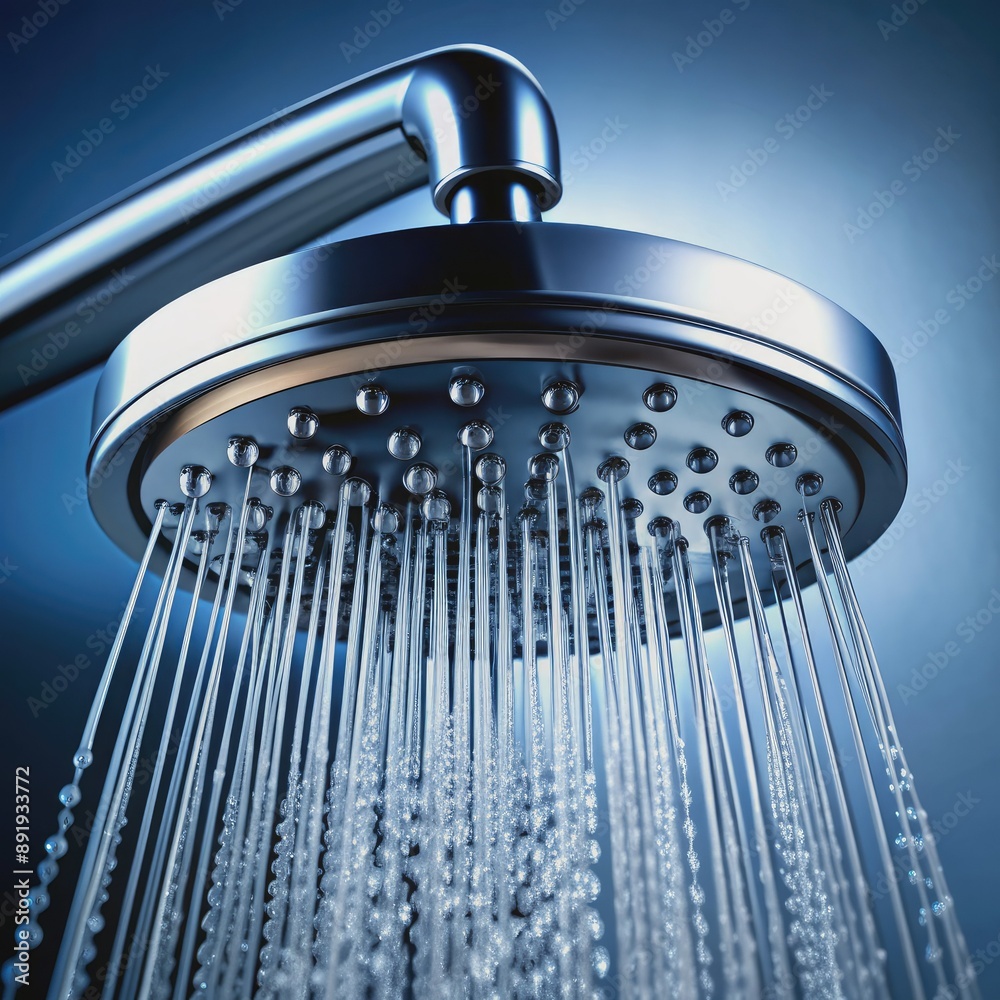 Clean water streams out of a modern low-flow showerhead, creating delicate droplets and subtle splashes, showcasing an eco-friendly water-saving bathroom fixture. Clean water streams out of a modern low-flow showerhead, creating delicate droplets and subtle splashes, showcasing an eco-friendly water-saving bathroom fixture.