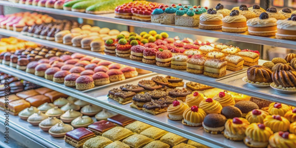 Colorful array of sweet treats including cakes, pastries, donuts, and cookies neatly displayed on shelves and trays in a well-lit supermarket bakery section. Colorful array of sweet treats including cakes, pastries, donuts, and cookies neatly displayed on shelves and trays in a well-lit supermarket bakery section.