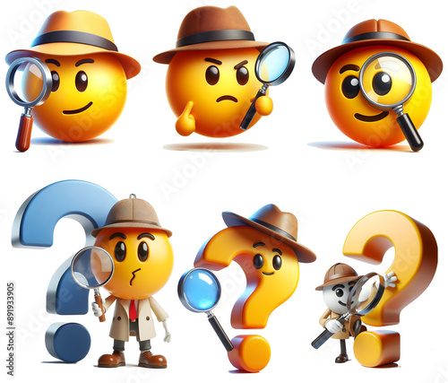 Emoji detective with magnifying glass, A 3D rendered emoji character dressed as a detective, holding a magnifying glass and standing next to a large blue question mark.