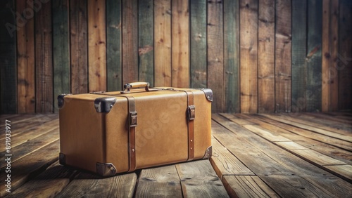 Empty cardboard luggage box stands alone on a rustic wooden floor, surrounded by absence of travel accessories, conveying a sense of stillness and isolation. photo